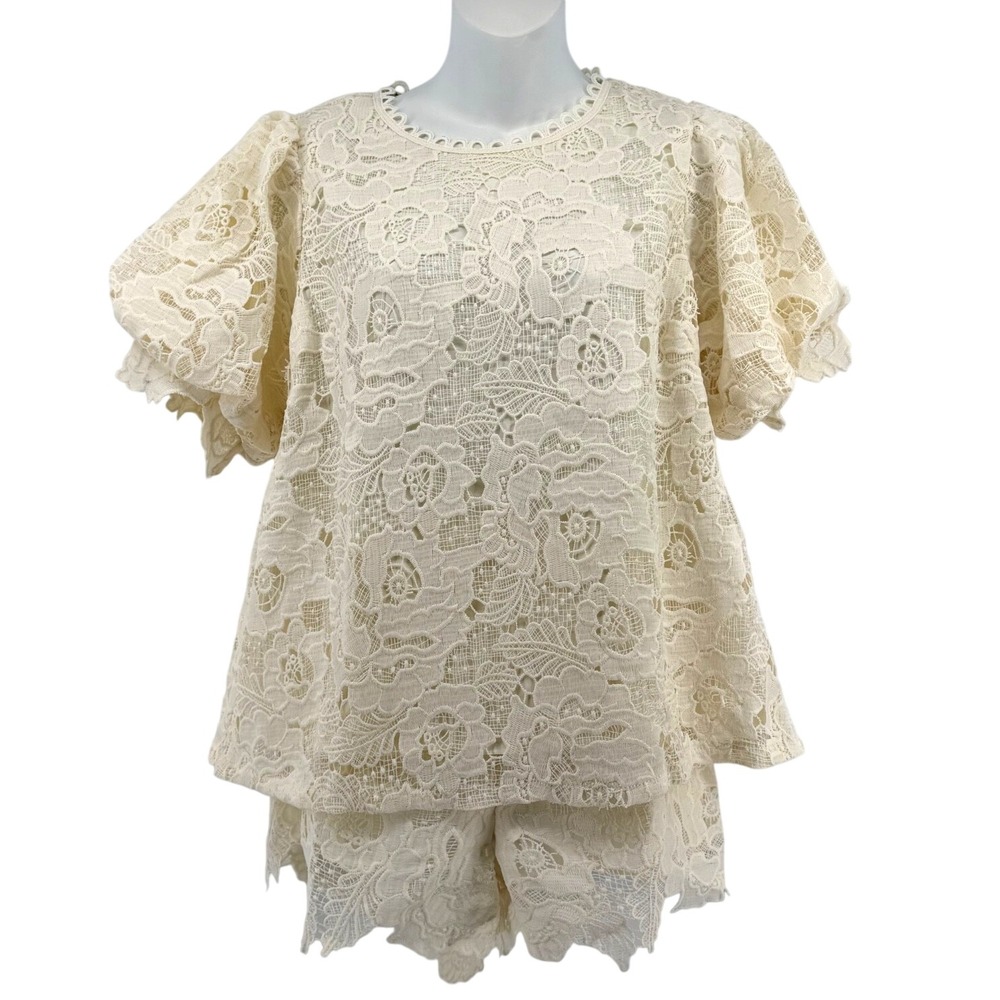 Umgee Lace Top Shorts Set‎ Women SMALL Ivory Puff Sleeve Cottagecore NWT